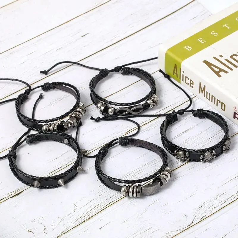Conjunto de pulseira estilo punk trançado diy de metal 5 peças, com couro pu e miçangas