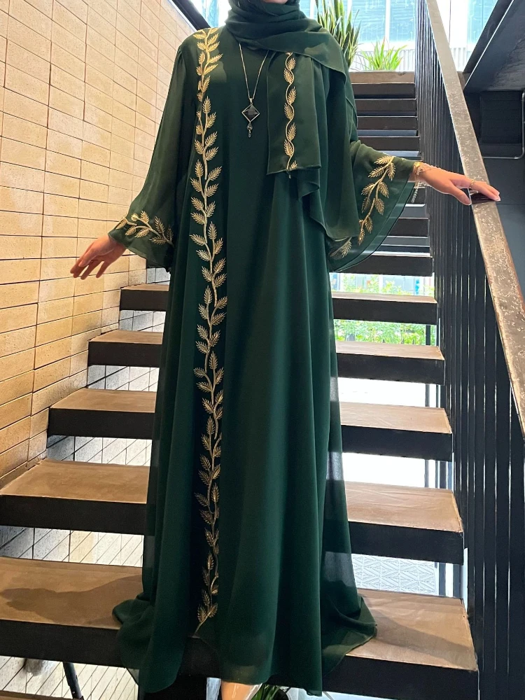 Eid muçulmano abaya para mulheres vestido bordado com cachecol 2 peça conjunto dubai árabe longo robe marrocos abayas kaftan lenço lindo