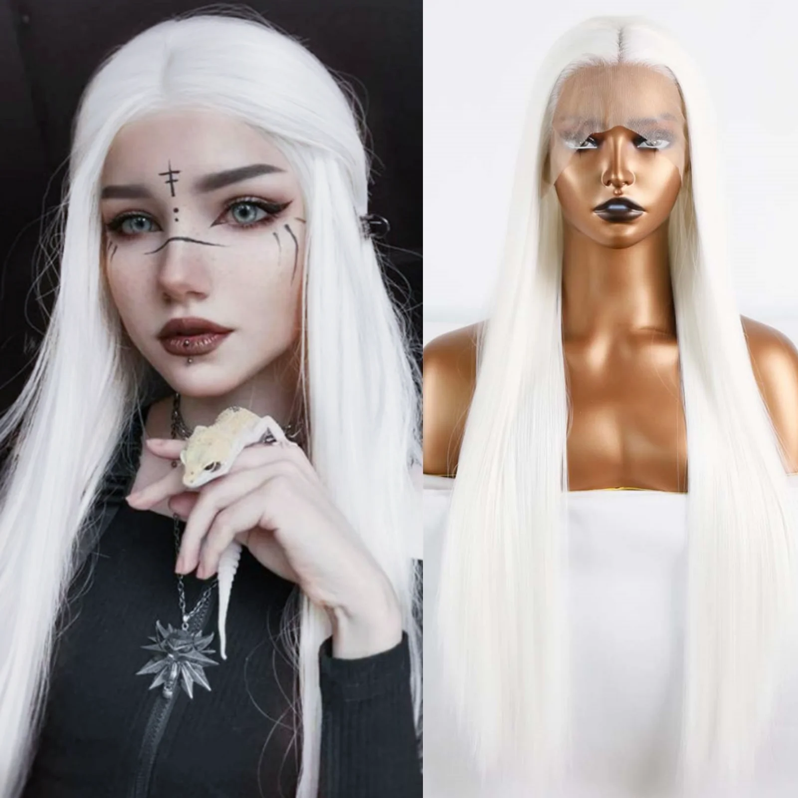 Weiße Perücke, gerade, synthetische Lace-Front-Perücke, leimlose Perücken, bereit zum Tragen, lange weiße Perücke, Cosplay, schneeweiße farbige Perücken für Frauen