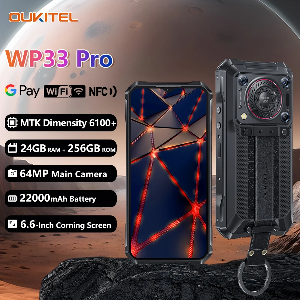 Robusto smartphone oukitel wp33 pro 5g 22000mah 6.6 "fhd + celular 8gb 256gb câmera 64mp 33w carregador rápido