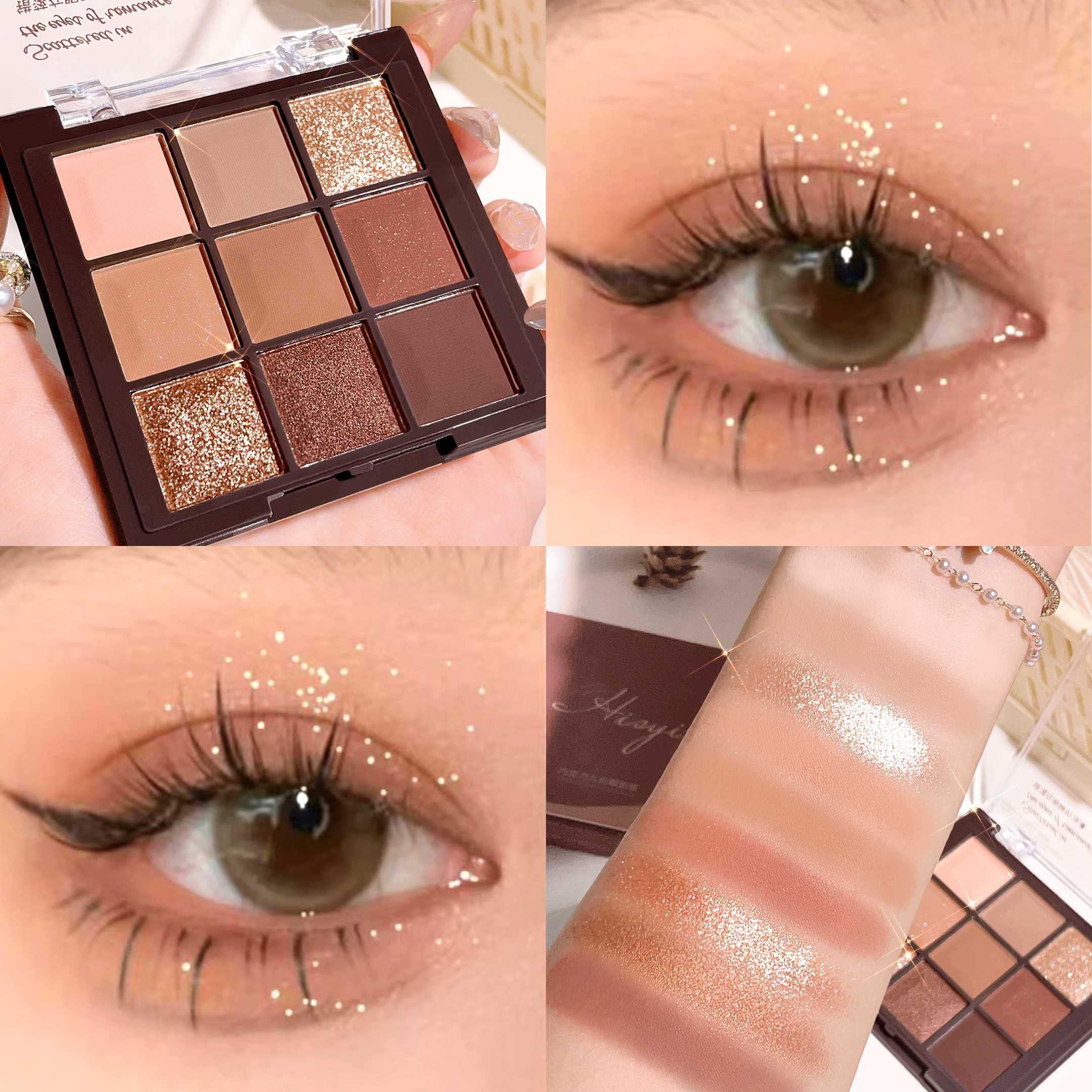 Paleta de sombras de ojos de chocolate de 9 colores con brillo perlado, brillo fino, tonos tierra mate y resaltador para maquillaje