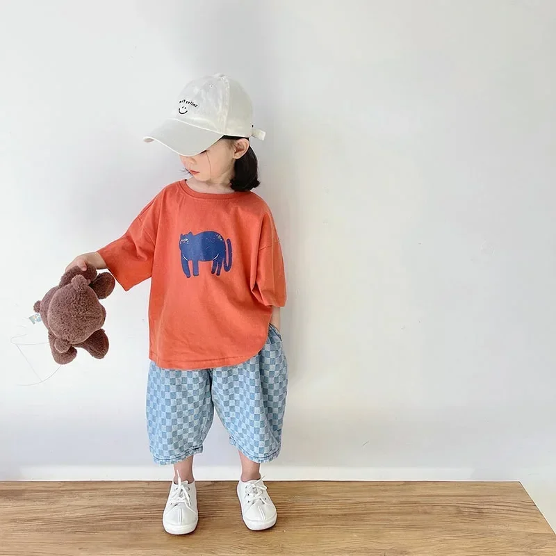 ‌ สไตล์เกาหลีฤดูร้อนเด็กเสื้อยืดน่ารักการ์ตูนพิมพ์หลวม Fit ไหล่กลางแขนเสื้อสําหรับเด็กทารกเด็กหญิงเสื้อผ้าเด็กวัยหัดเดิน