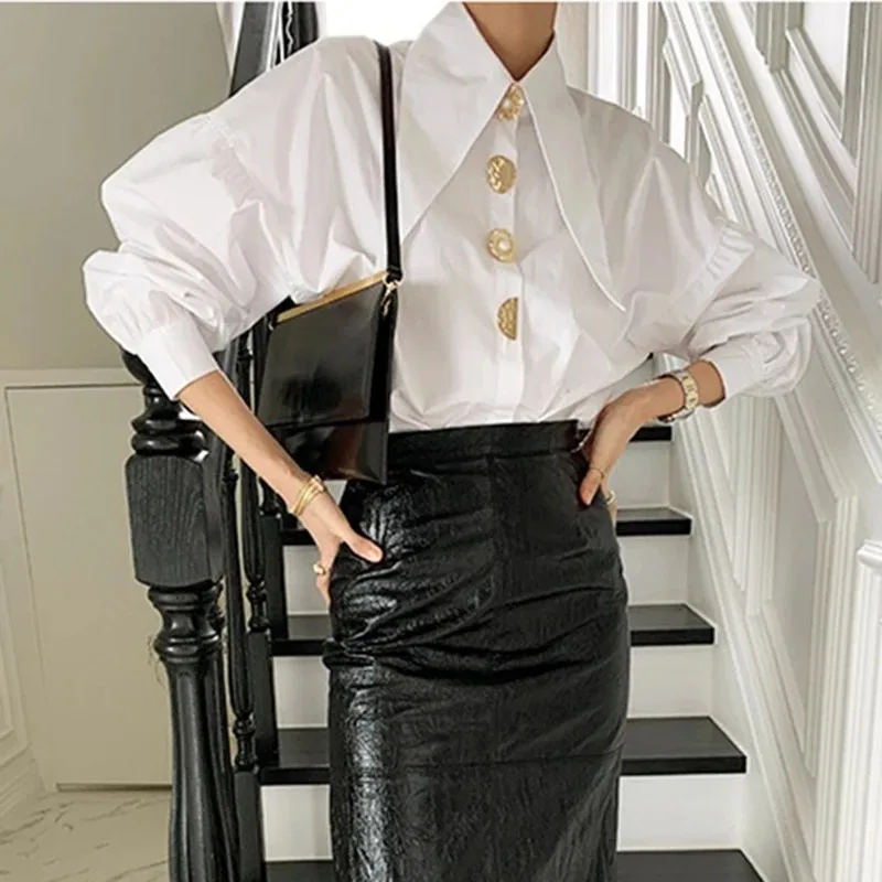 Branco elegante pérola camisas femininas coreano gola de canto afiado solto manga longa senhoras blusa y2k moda nova chique feminino topos