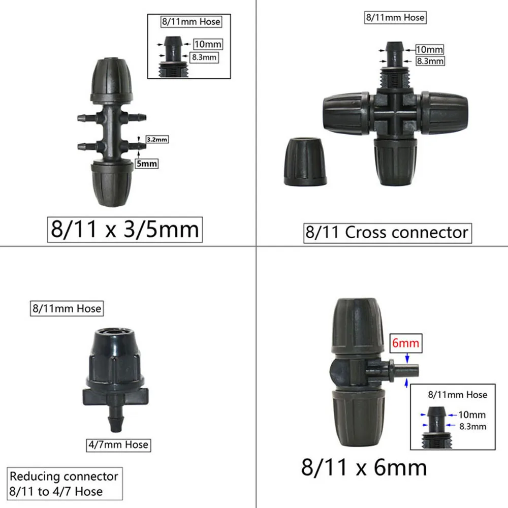 Garden 3/8 x 1/4inch Hose Barb Connector Lock nut Reducer Water splitter Tee Elbow End Plug Drip Irrigation System Fitting