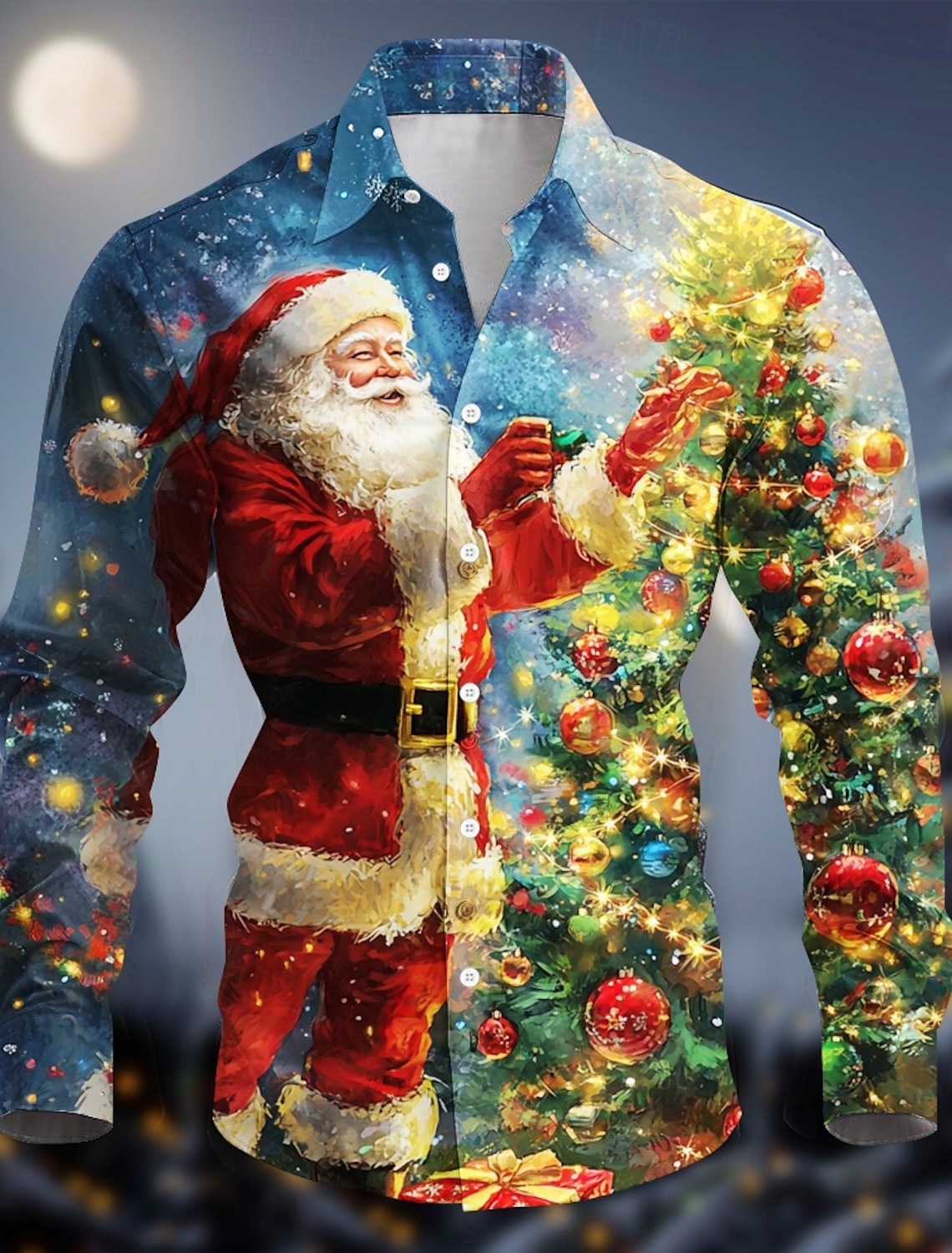 Camisa navideña informal con botones para hombre, camisa de manga larga con tema navideño, cuello abotonado, estampado 3D, poliéster fino