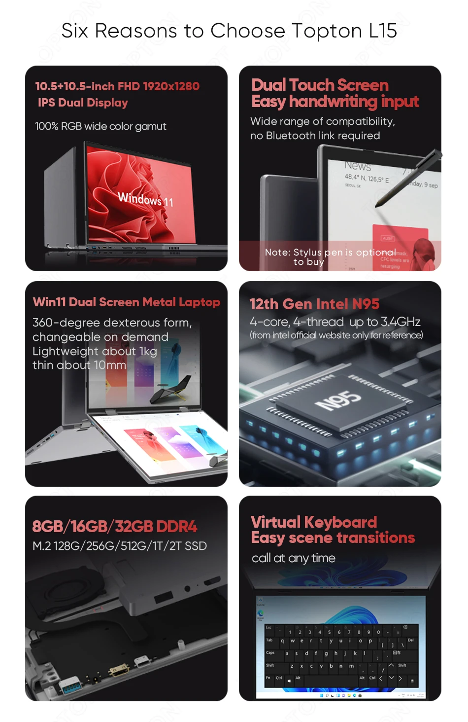 Dual-Screen-Touch-Laptop, umwandelbarer Laptop für Win 11 Pro, 10,5 Zoll Dual-Screen, Intel N95 Mini-PC, Heimbüro, Multimedia, 4500 mAh