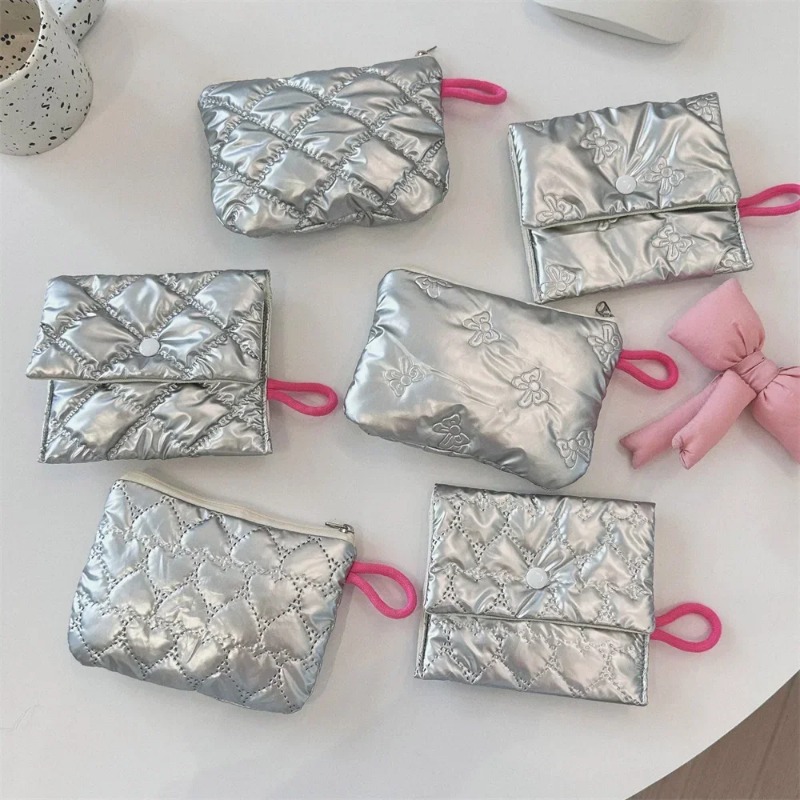 Silver Lingge Bow Pattern  Coin Purses Small Canvas Coin Wallet Lady Girls Earphone Coin Key Money Storage Bag Zipper Pouch