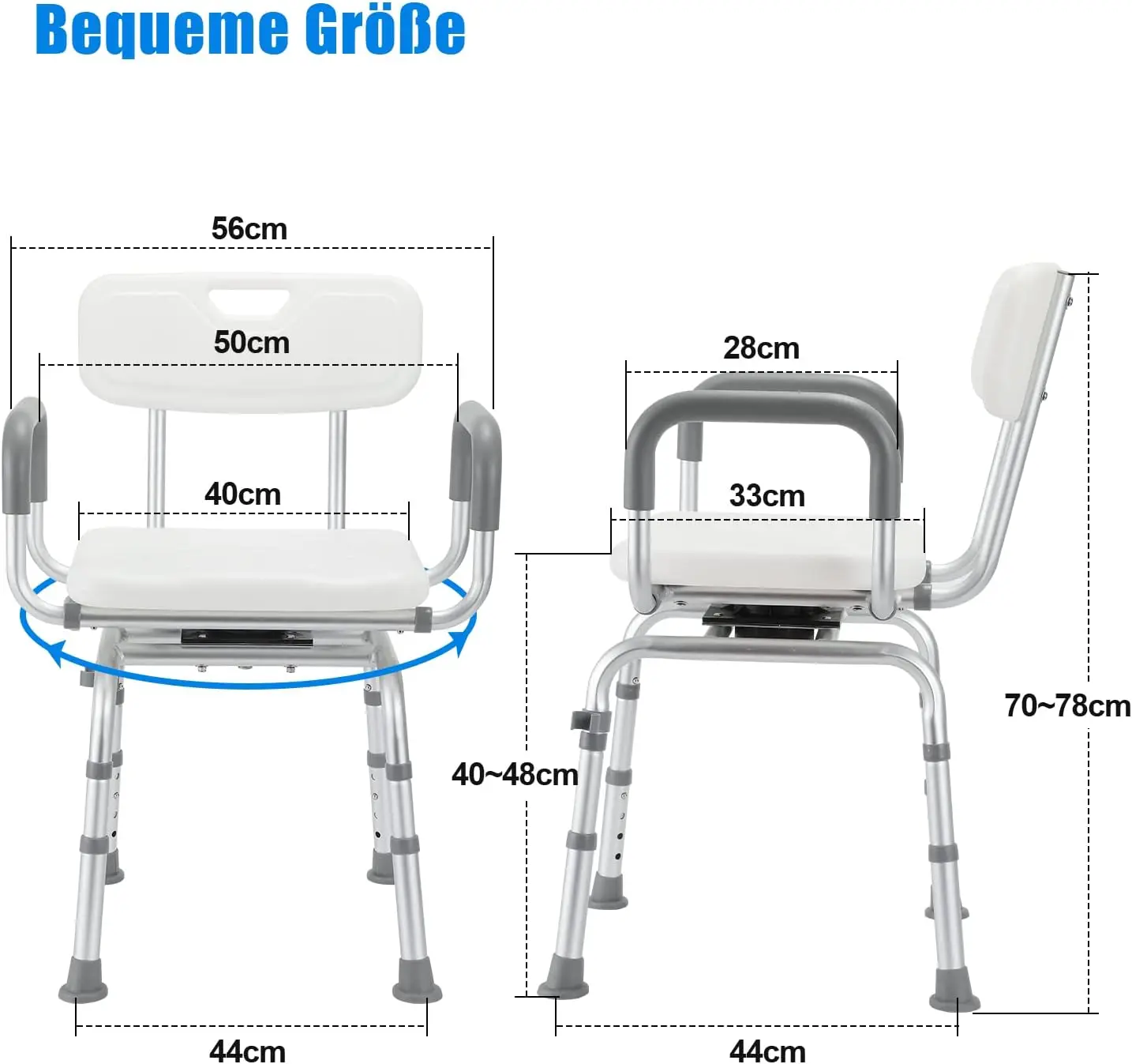 Shower Stool for Seniors Bad Stool 360° °   mit Backrest and Armrest Showerstuhl Height Adjustable 40-48 cm Bathroom Stool Anti-