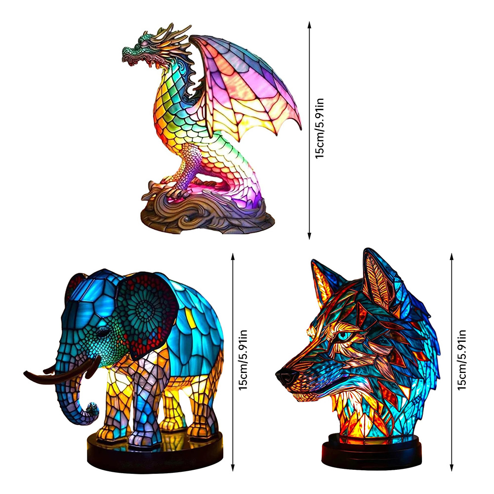 3D Stained Glass Table Lamp Resin Animal Shape Night Light Elephant Wolf Owl Desktop Ornaments Bedroom Atmosphere Light