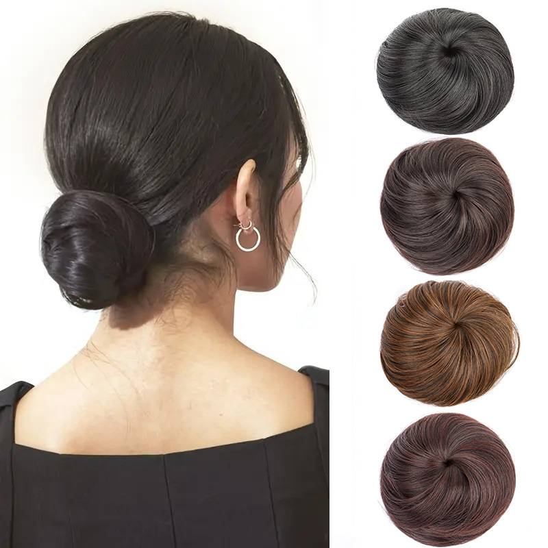 Synthetischer, kurzer, glatter Haarknoten, Chignon, Clip-in-Haarverlängerung, schwarzbraunes Haarteil für Frauen