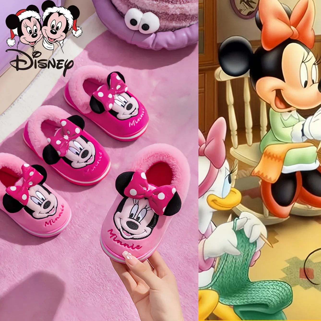 Disney Minnie เด็กรองเท้าแตะผ้าฝ้ายกระเป๋าส้นฤดูหนาวเด็กลื่นผม Mop รองเท้าบ้านในร่มน่ารักรองเท้าผ้าฝ้ายฤดูหนาว