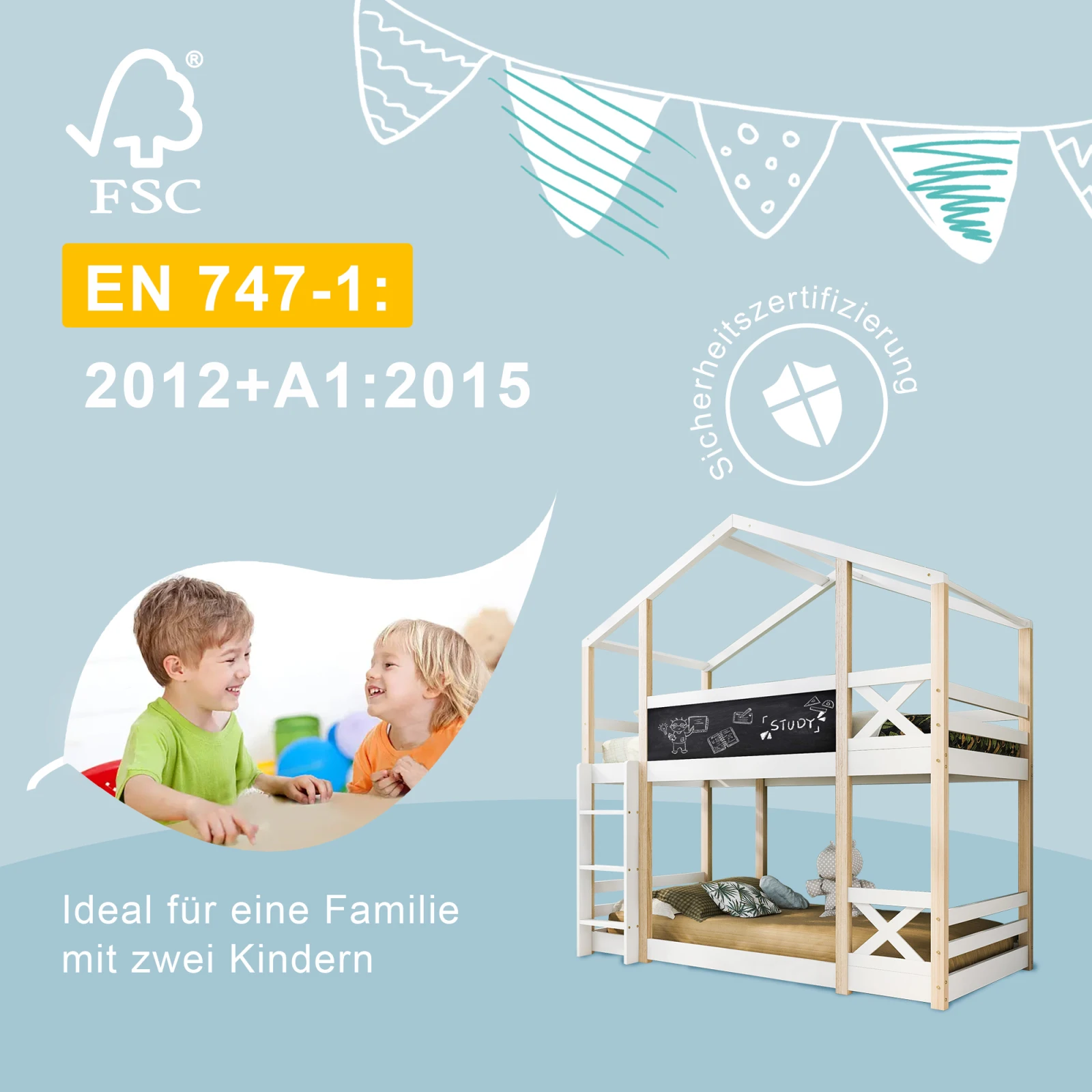 Estrutura de cama Tree House com gaveta, beliche para 2 crianças, estrutura de cama infantil com escorregador e quadro negro, 90x200cm