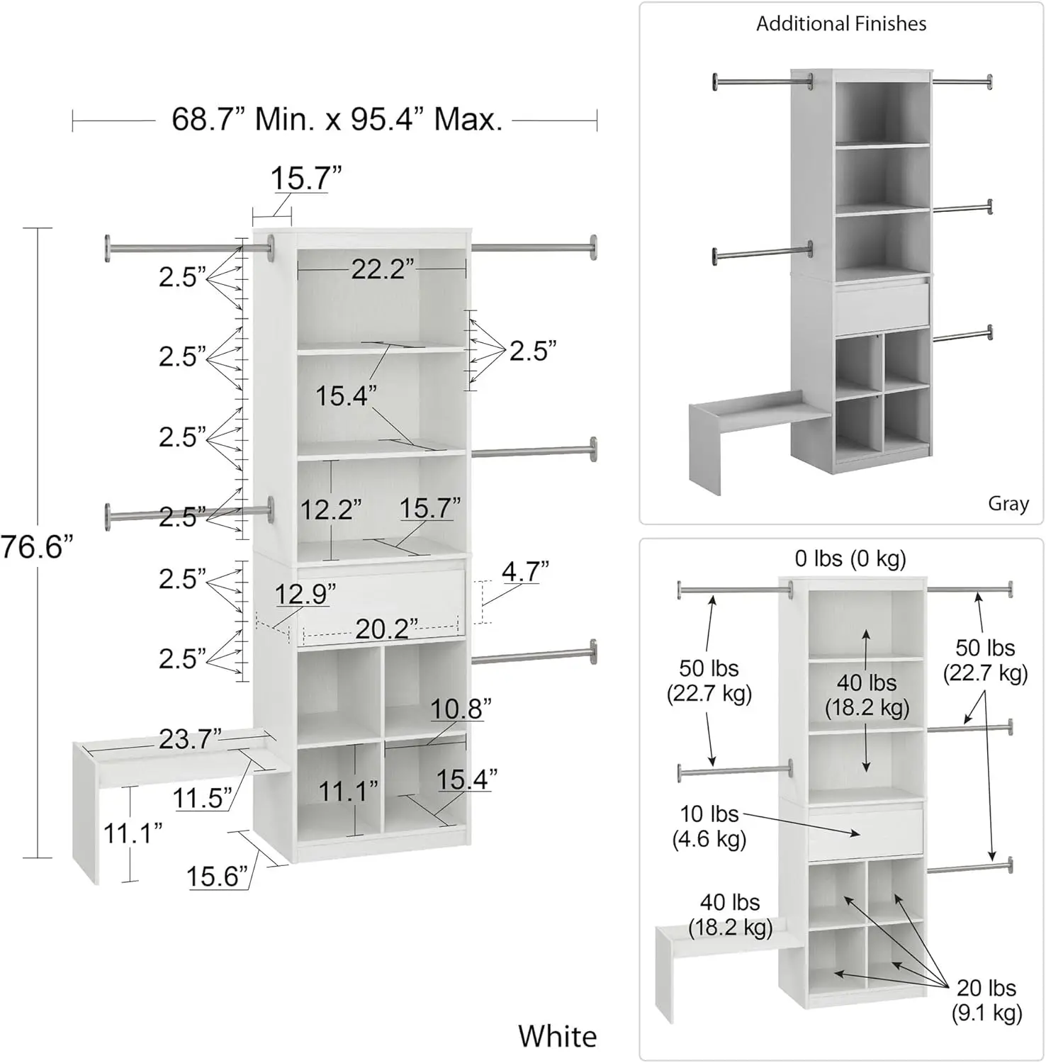 Grow with Me Adjustable Kids’ Closet Organizer System, 15.69" D x 95.44" W x 76.62" H, White