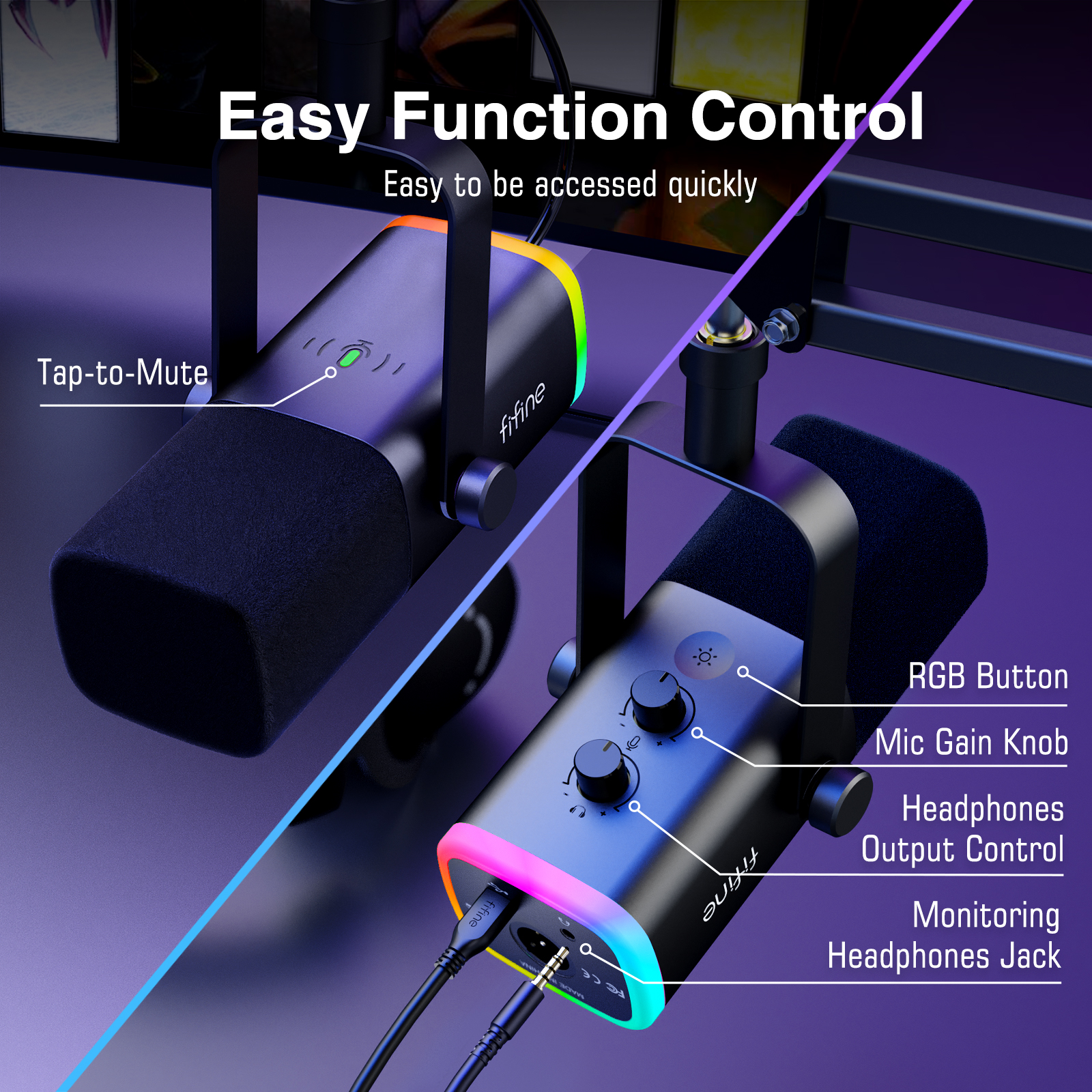 FIFINE-XLR e USB Gaming Microfone Kit com fone de ouvido, Mute, RGB, Suporte de braço, Conjunto de microfone dinâmico para PC, PS5 e PS4, Mixer, Amplificador, AM8T