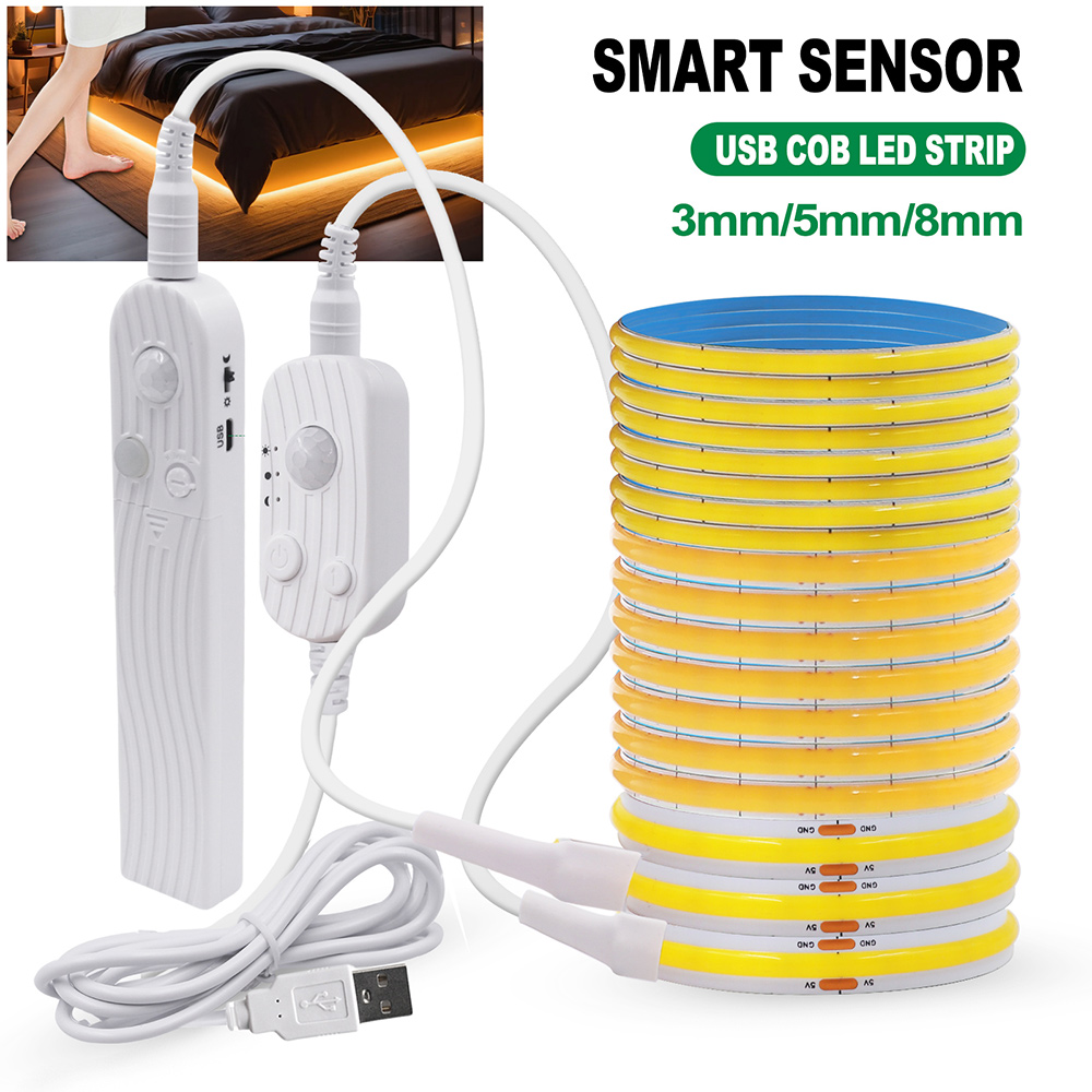 Датчик движения 5 В, светодиодная лента COB, аккумулятор, питание от USB, автоматическое включение/выключение, световой диод для шкафа, гардероба, кухонной лестницы
