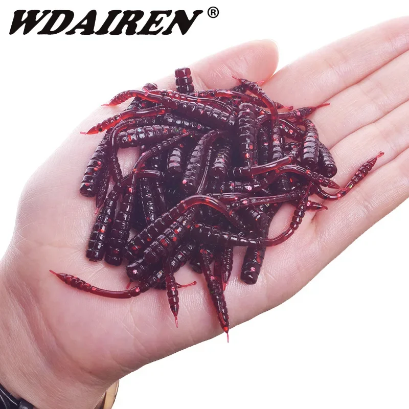 50 Uds. Cebo suave de gusano rojo con olor, señuelo de pesca de simulación realista, 45mm, sabor a camarón Artificial, cebos de silicona, pesca de lubina Takcle