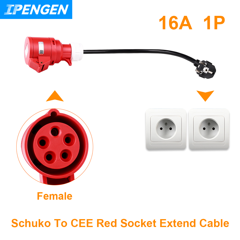 Adaptador de carregador IPENGEN EV Plugue Schuko para CEE Plugue fêmea de alimentação vermelha Adaptador de soquete de 5 pinos Conecte com carregador 16A trifásico 11KW