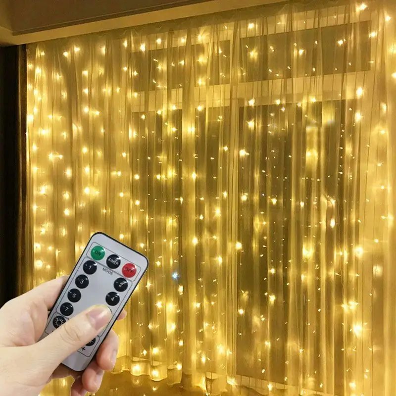 ตกแต่งบ้านคริสต์มาส USB 8 โหมด Fairy Garland ไฟ LED Curtain String ไฟพร้อมรีโมทคอนโทรลสําหรับห้องนอนงานแต่งงาน