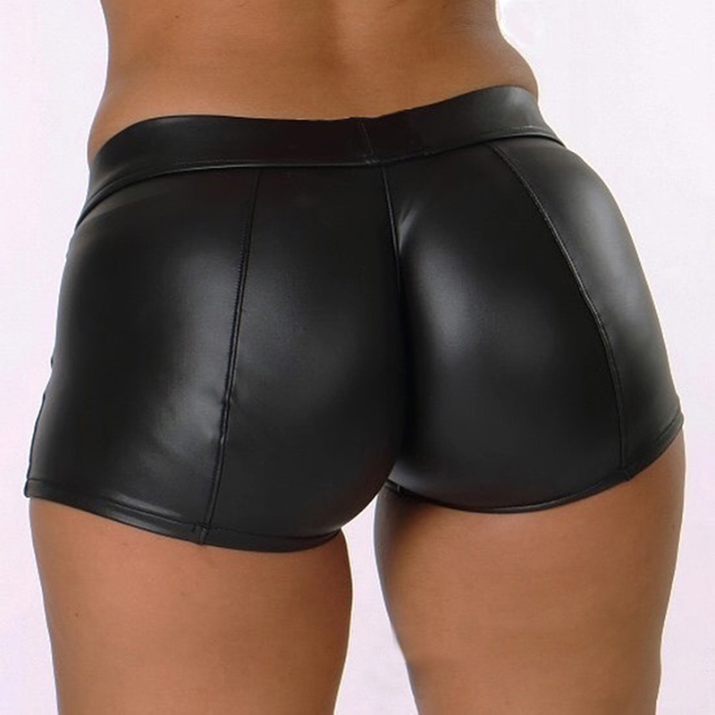 Pantalones cortos negros de cuero Pu para mujer, pantalones cortos ajustados de cintura alta con realce, pantalones cortos sexis ajustados de cuero elástico Spodenki Damskie