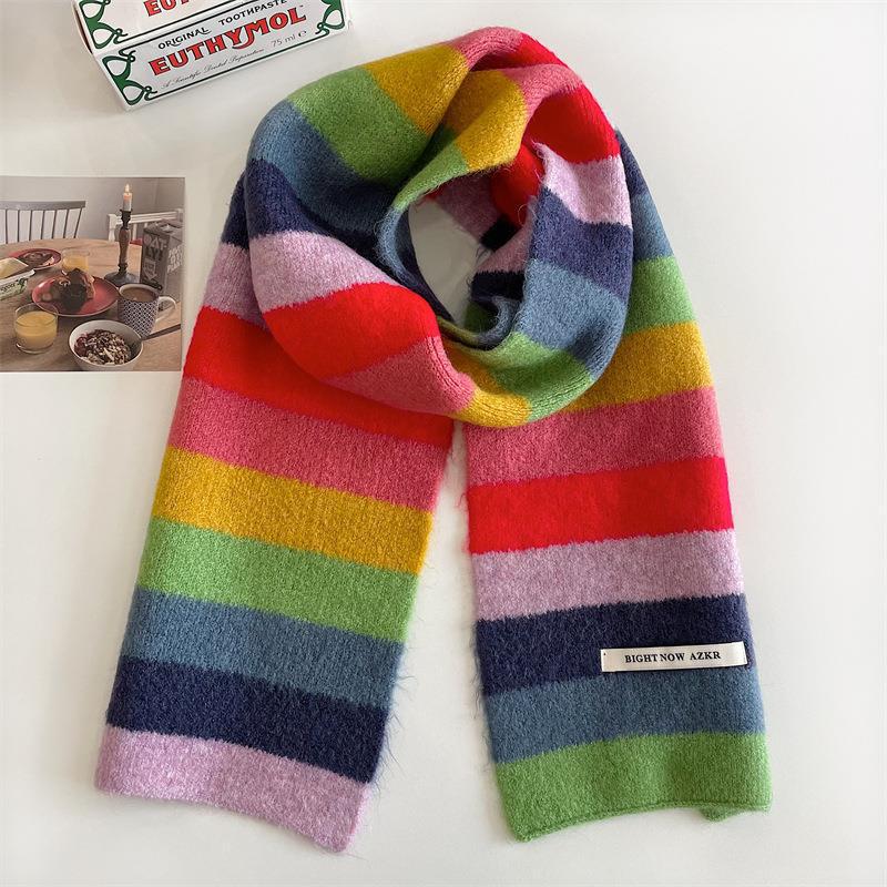 Bufanda de Mohair a rayas de arcoíris para hombres y mujeres, Bufanda corta de lana con bloqueo de color, Bufanda cálida para estudiantes, Invierno