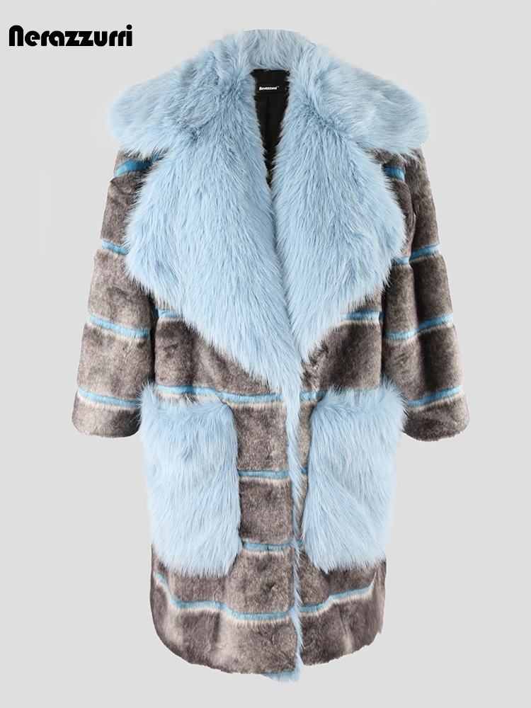 Nerazzurri Winter übergroße gestreifte dicke warme Patchwork Kunst pelz Mantel Frauen mit großem Kragen und Taschen Luxus Designer Kleidung