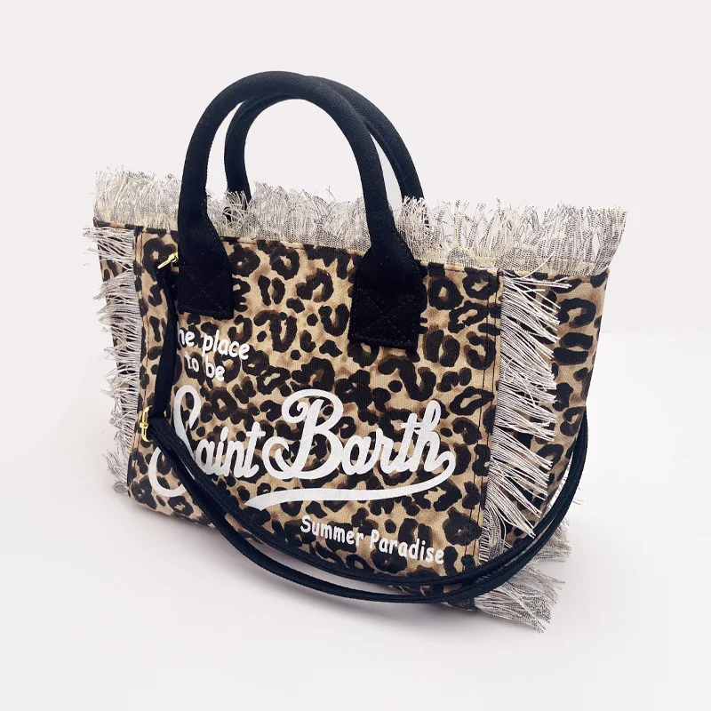 SAINT BARTH New Women's Large Capacity Leisure Travel Leopard Pattern Small Canvas Handmade Tassel Handbag Tote Bag Mommy Bag