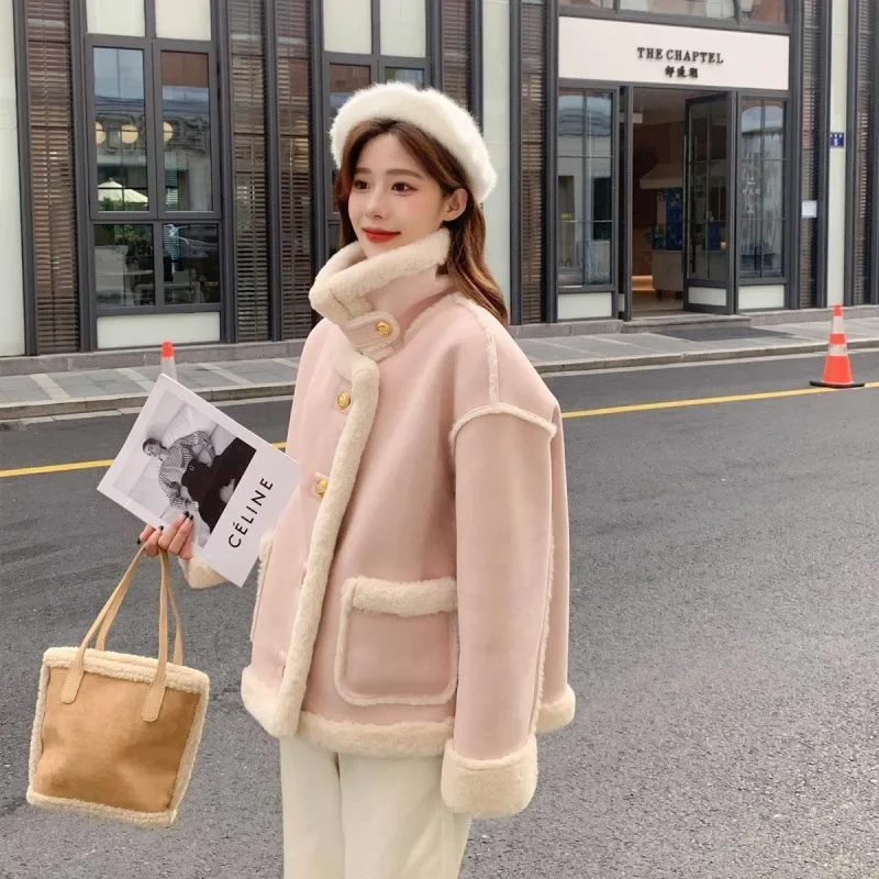 Parkas en laine d'agneau d'hiver pour femmes, vêtements double face, optique, manteau de sourire féminin, mode coréenne, style preppy mignon, veste à boutonnage simple