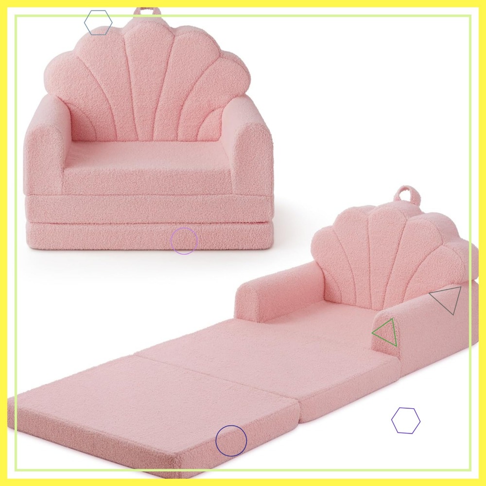 2-in-1 Kids Couch & Lounger, Convertible Toddler Sofa with Washable Cover, Soft Pink Shell Design for Playroom