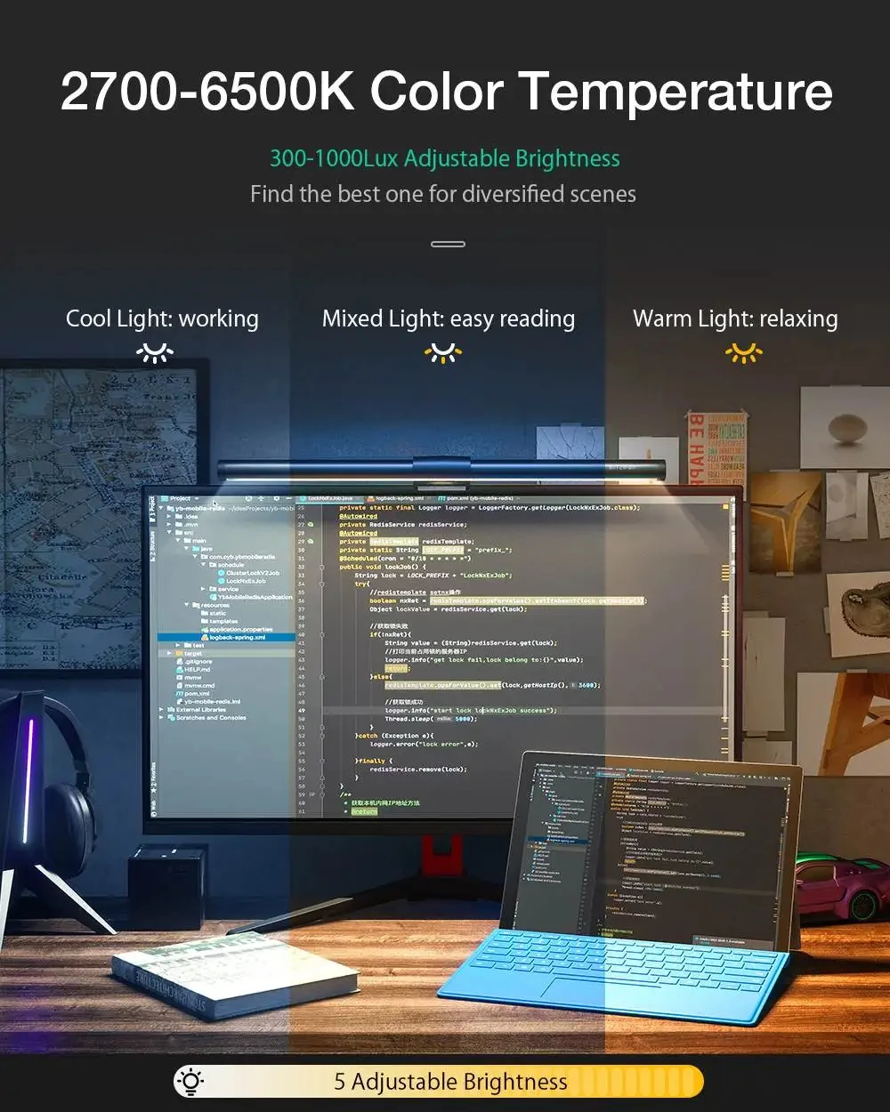 RGB Desktop Atmosfera Light Strip, LED Eye Protection, Learning Reading Hanging Lamp, PC Display Screen, Iluminação Night Light