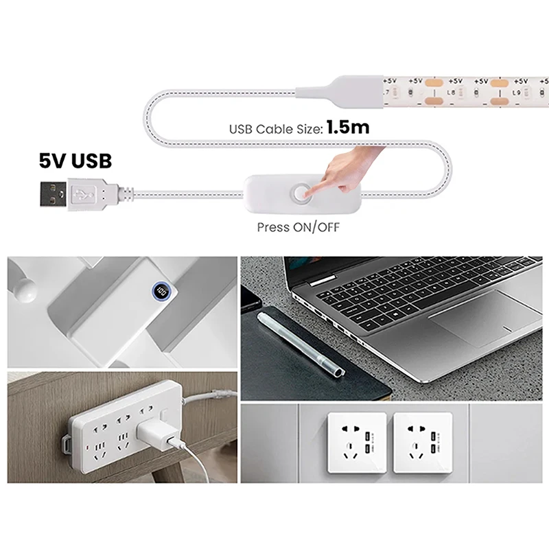 5V 2835 LED Strip Light พร้อม USB Push switch 60 LEDs/m แถบไฟแบบยืดหยุ่นสําหรับห้องครัวโคมไฟตกแต่ง