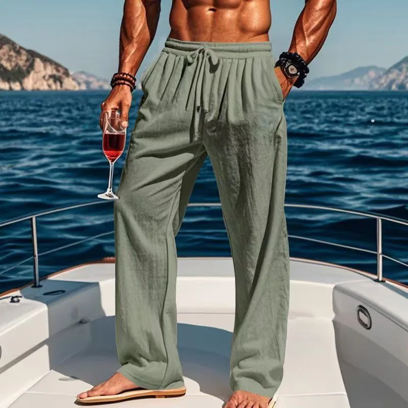 Frühling und Sommer neue lässige lange Herrenhose aus einfarbiger Baumwolle und Leinen, lockerer Hawaii-Strandsport und atmungsaktiver Straßenpa