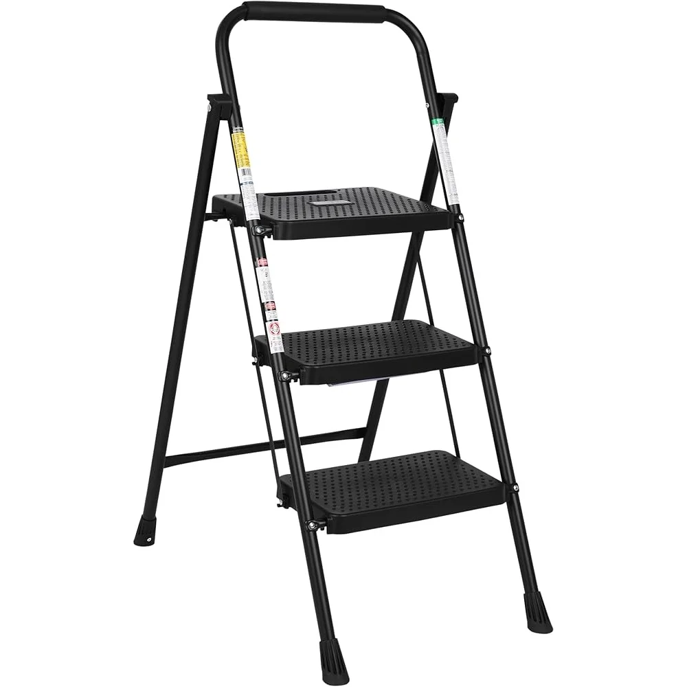 3-Step Folding Ladder 800lbs Capacity Non-Slip Wide Steps Handgrip ANSI Certified Lightweight Durable Portable Step Stool