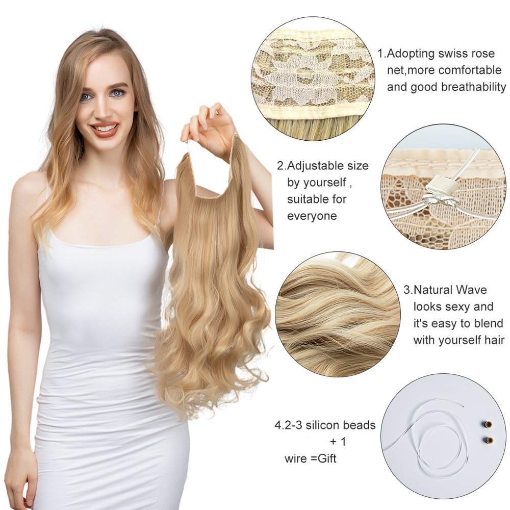 Extensión de cabello sintético sin Clips, extensión de cabello Natural, ombré, negro, Rubio, rosa, una pieza, onda larga, alambre Invisible, pieza de cabello falso