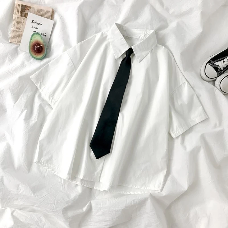 Camisas brancas moda feminina gravata preta estilo japão estudantes preppy jk meninas blusa simples sólida solta verão botão acima topos novo