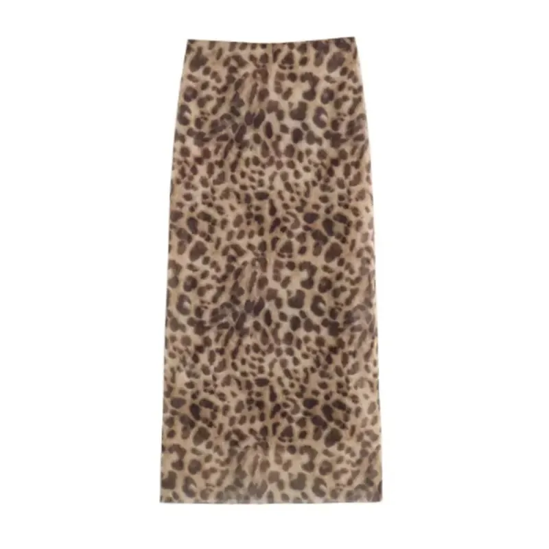 Gonna longuette in tulle leopardato da donna 2024 moda estiva vita alta elastico in vita gonne lunghe streetwear