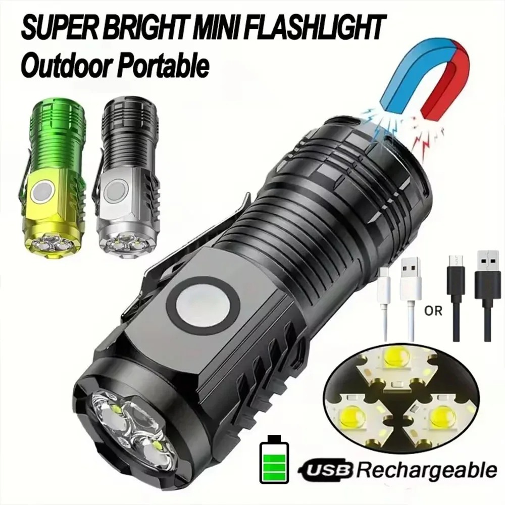 전술 USB 충전식 미니 손전등, 매우 밝은 야외 3 LED 토치 클립 자석 작업등, 하이킹 캠핑 자동차 수리용