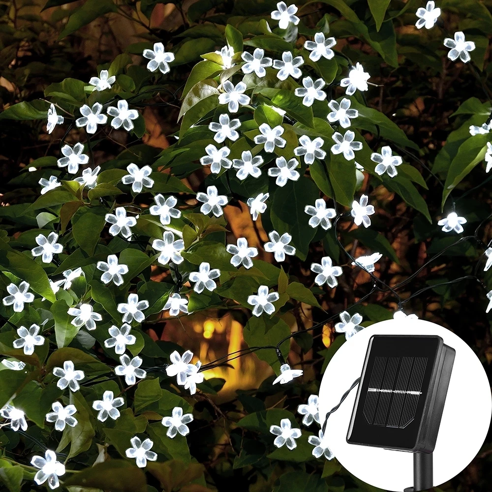 Guirnalda de luces navideñas solares de 10M/7M para exteriores, 100/50/20LED, 8 modos, impermeable, flor de jardín, iluminación para fiesta, decoración del hogar