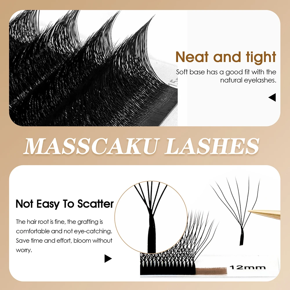 12 Rows MASSCAKU Soft Long-lasting 3D/4D/5D W Design Lash C/D Curl 0.07mm Thickness 3D Effect Handmade W Style Eyelash Supplies