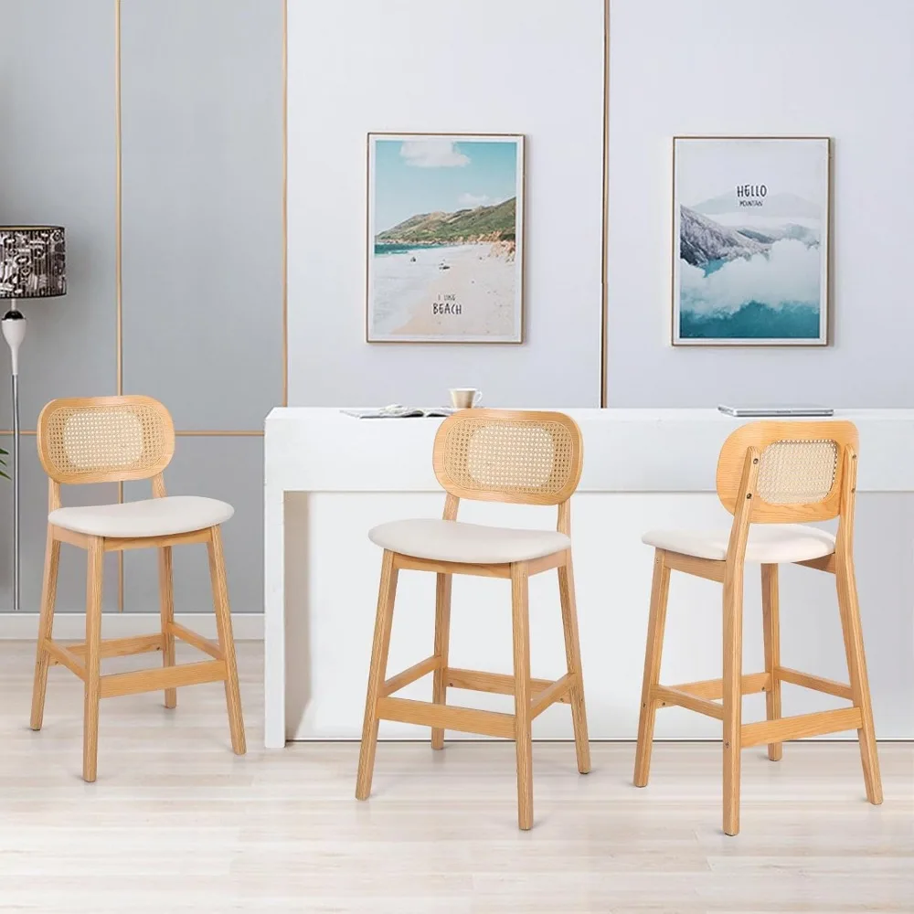 Rattan Bar Stools Set of 3, 25" Mid Century Modern Counter Height Stools, PU Leather Upholstered With Cane Back, Wood Nature