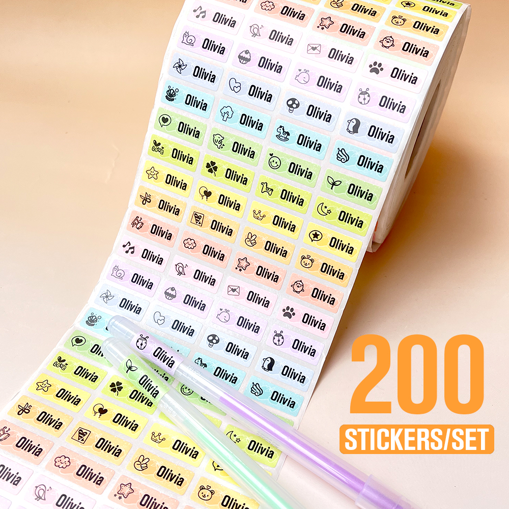 200 Uds. Etiqueta adhesiva de nombre hebreo personalizada autoadhesiva impermeable personalizada Kawai etiqueta escolar para niños papelería