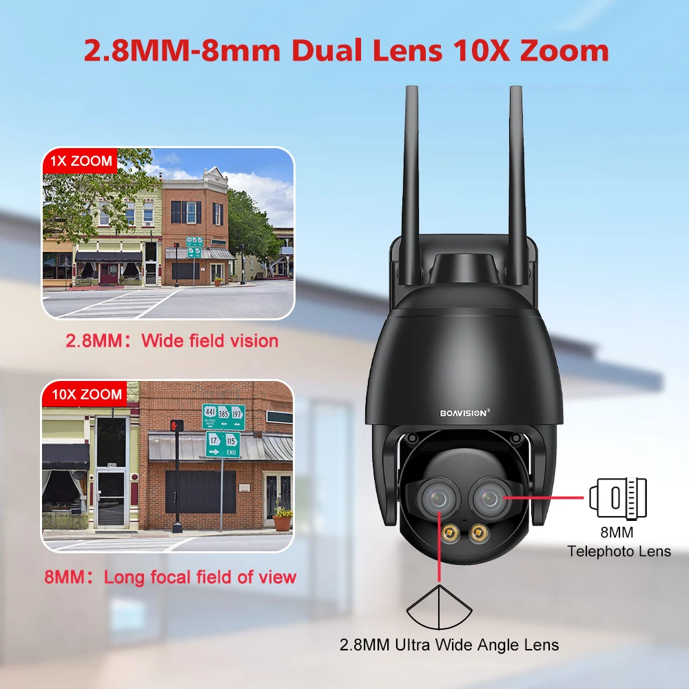 HD 8MP WIFI/4G ซิมการ์ด/POE Cam 10X ซูมดิจิตอล AI Humanoid Detection การติดตามอัตโนมัติ 2.8 มม.8 มม.Dual Lens Cam
