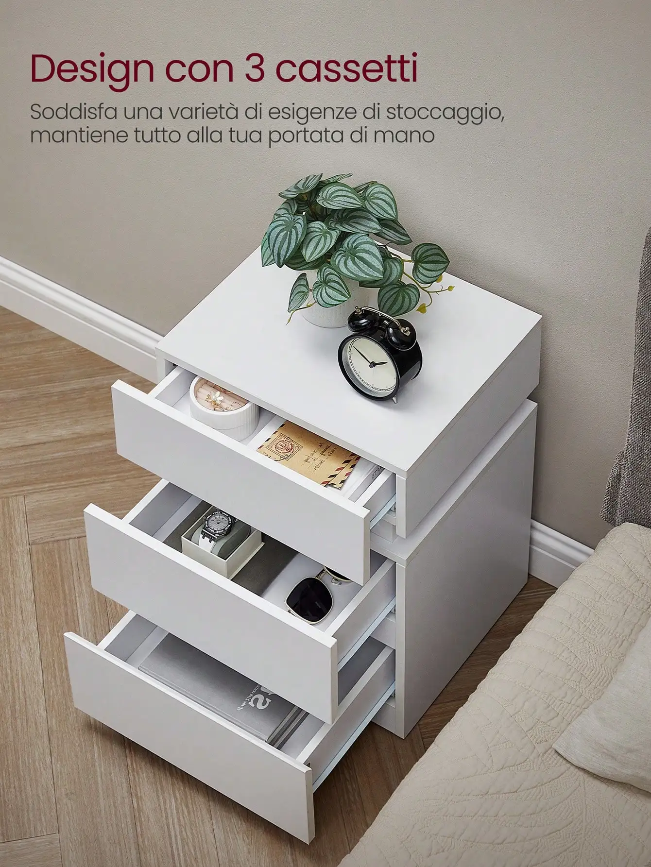 VASAGLE Comodino con Striscia LED Multicolora Variabile, 3 Cassetti, Tavolino, Stile Moderno, 35 x 40 x 55 cm, Bianco