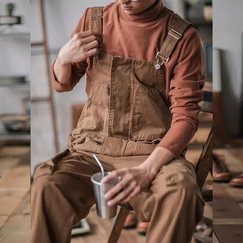 Monos de algodón Retro americano, Baberos, mono holgado para lavar, tirantes para hombre, pantalones holgados de longitud completa para las cuatro estaciones