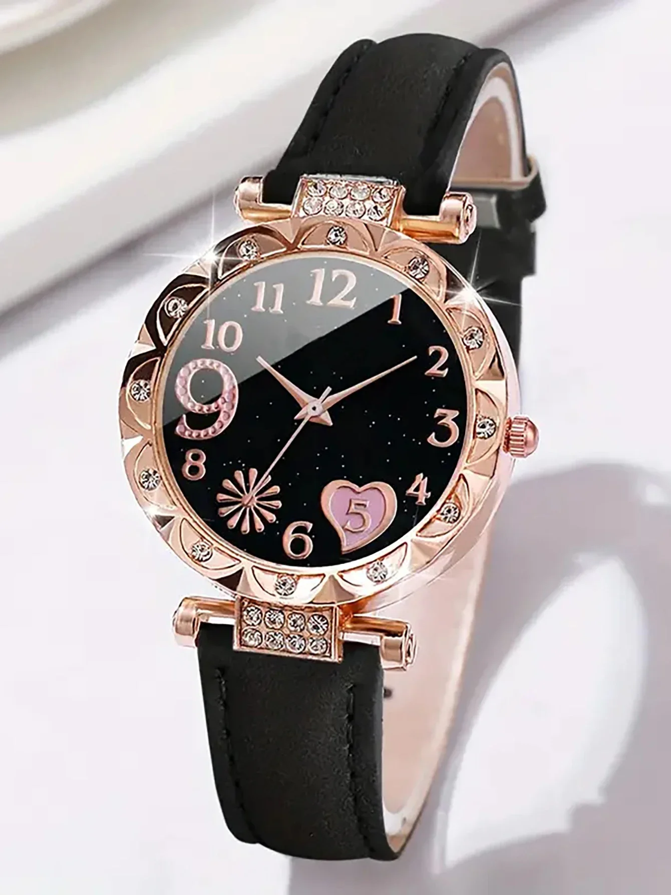 Reloj de cuarzo a la moda para mujer, reloj de pulsera analógico con banda de cuero rosa de lujo, conjunto de pulsera de vestir para mujer, 6 uds.