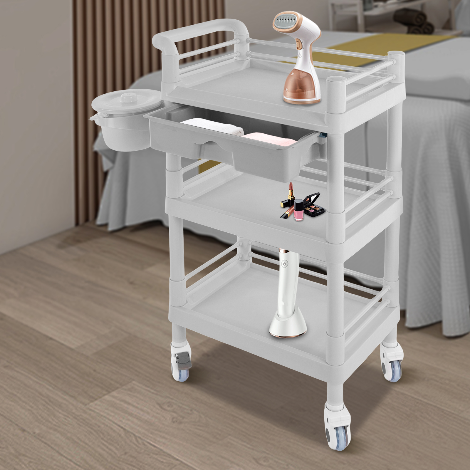 3-tier Beauty Trolley Salon Trolley With Drawer And Waste Bin For Barber Shops, Beauty Shops, Pet Shops 54*37*98cm