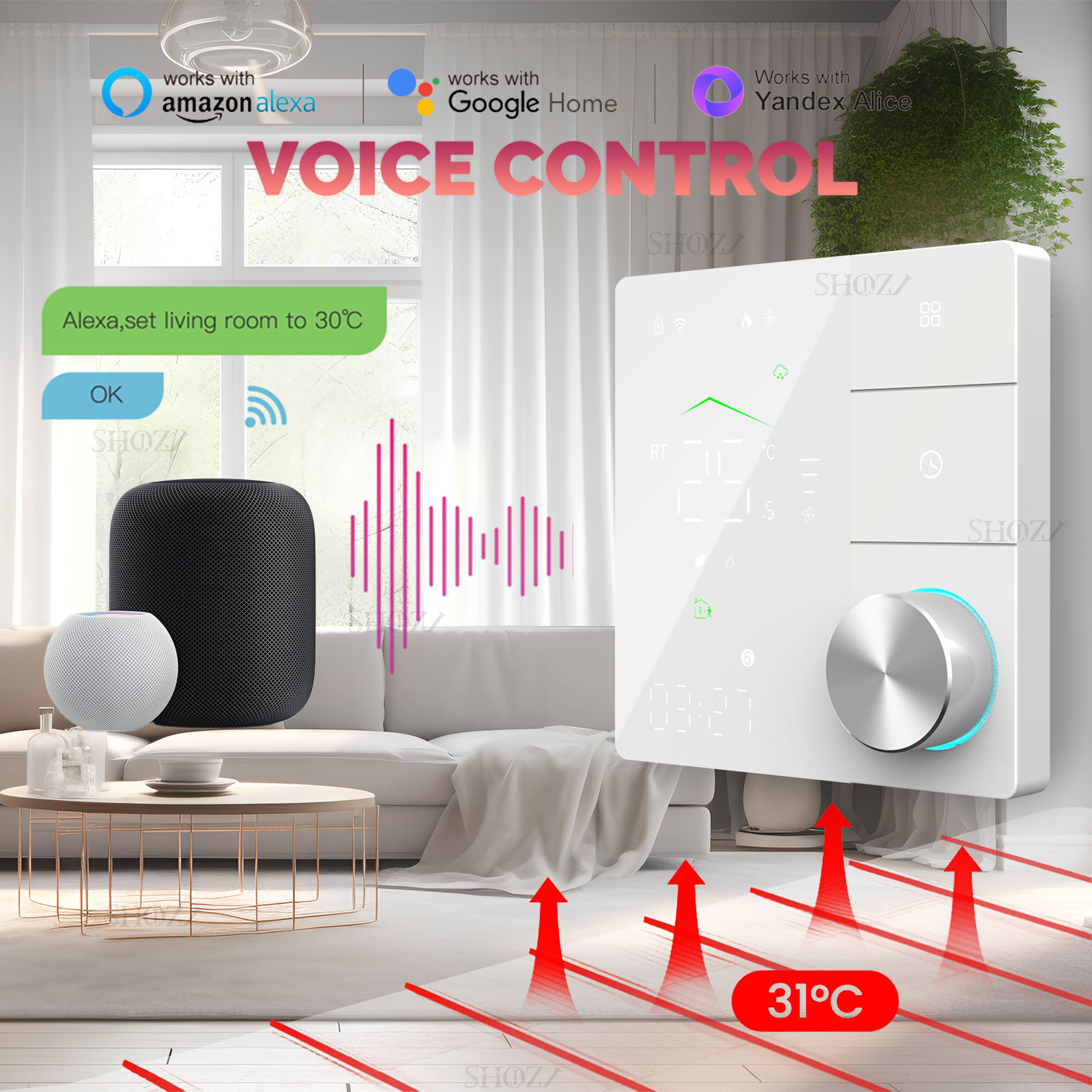 Termostatos inteligentes programáveis Tuya para caldeiras a gás, válvulas de água e pisos elétricos com controle remoto WiFi, compatíveis com capacidades de controle por voz de Alexa, Google e Yandex.