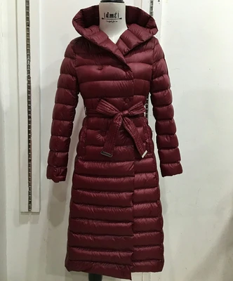 Dames ultralichte donsjassen Slanke capuchon Extra lange dames witte eendendons gewatteerde jassen Warme eendendonsparka's met riem JK-613