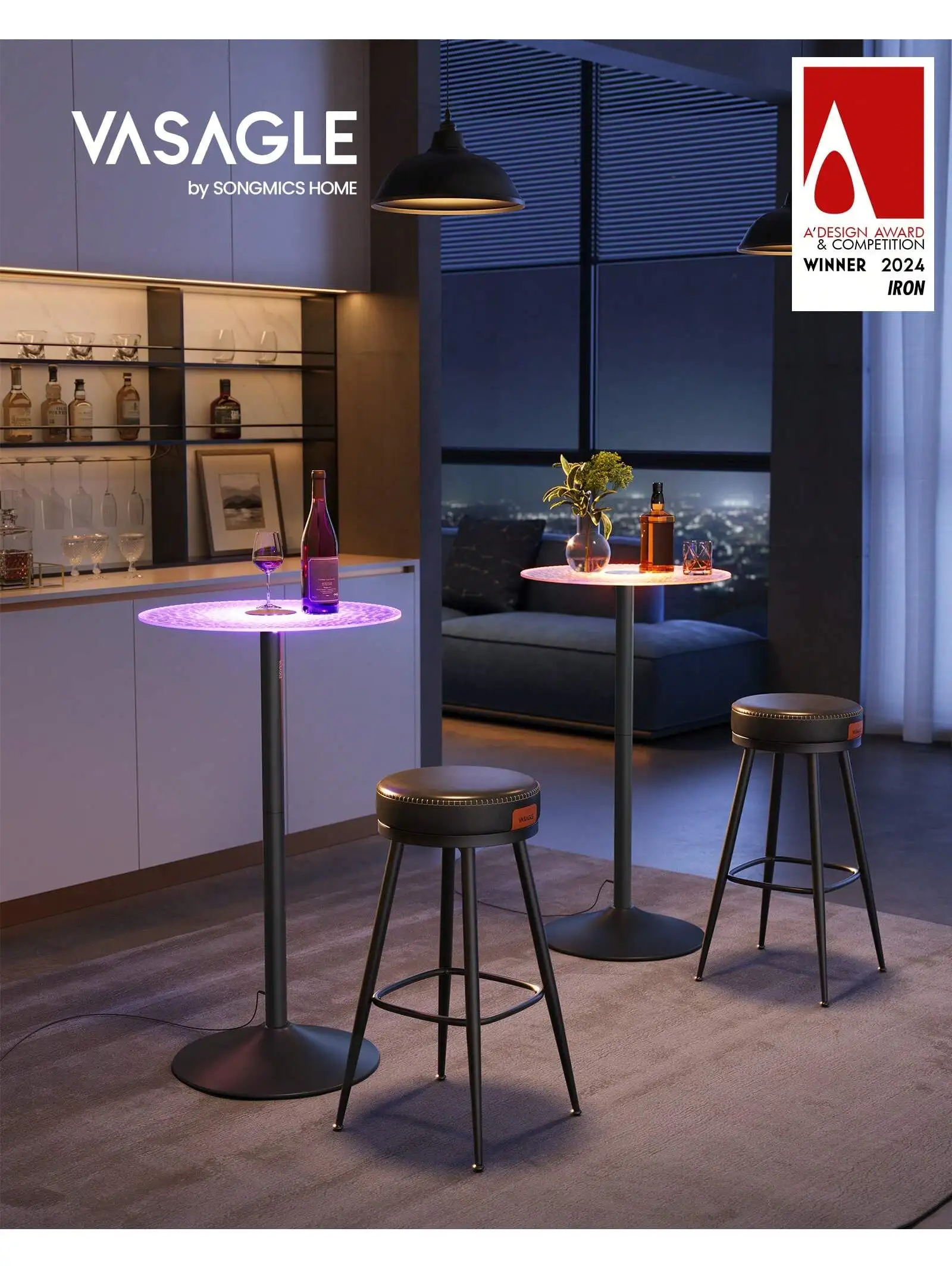 VASAGLE Bar Table, Round Cocktail Table With Multi-Colored Lights And Glass Top, Large Steel Base, 41.3 Inches Tall Pub Table