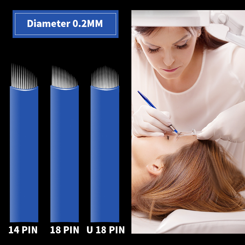 Agujas de Microblading de 10/50/100 Uds., agujas de tatuaje PMU de 0,2mm, hoja de maquillaje permanente, 9 pines, 12, 14, 16, U18, 21, hojas manuales para lápiz de cejas