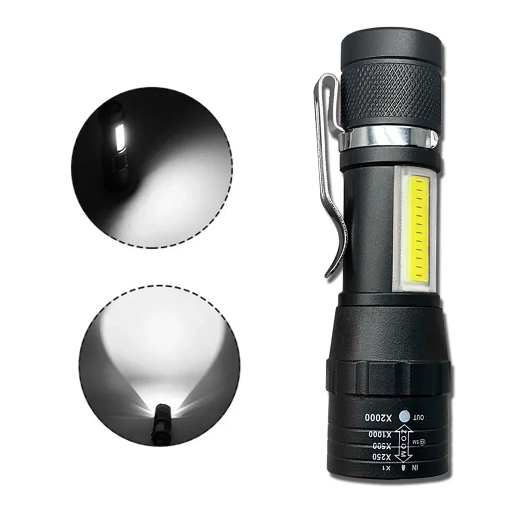 Lanterna LED portátil com bateria embutida, XPE COB Light, lanterna Zoom recarregável, modo 3, anti-derrapante e água